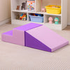 Purple 2-piece step and slide climber set for infants, made of soft foam, promoting motor skills and body coordination.