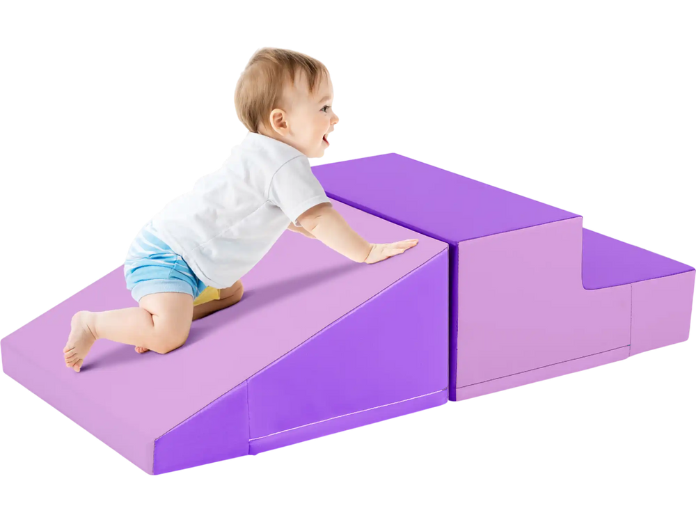 Purple 2-piece step and slide climber for infants, featuring soft foam blocks for safe play and motor skill development.