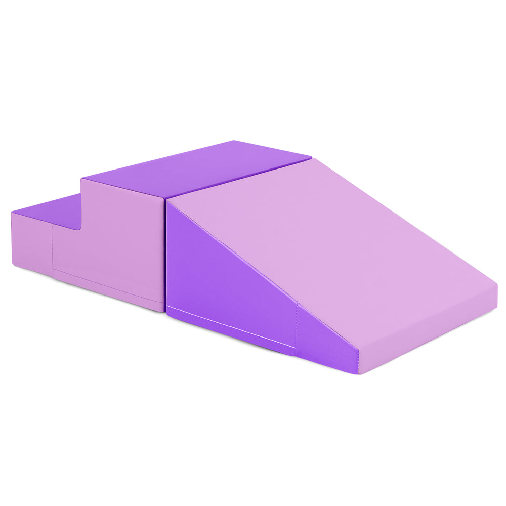 Purple 2-piece step and slide climber set for infants, featuring soft foam blocks for safe play and motor skill.