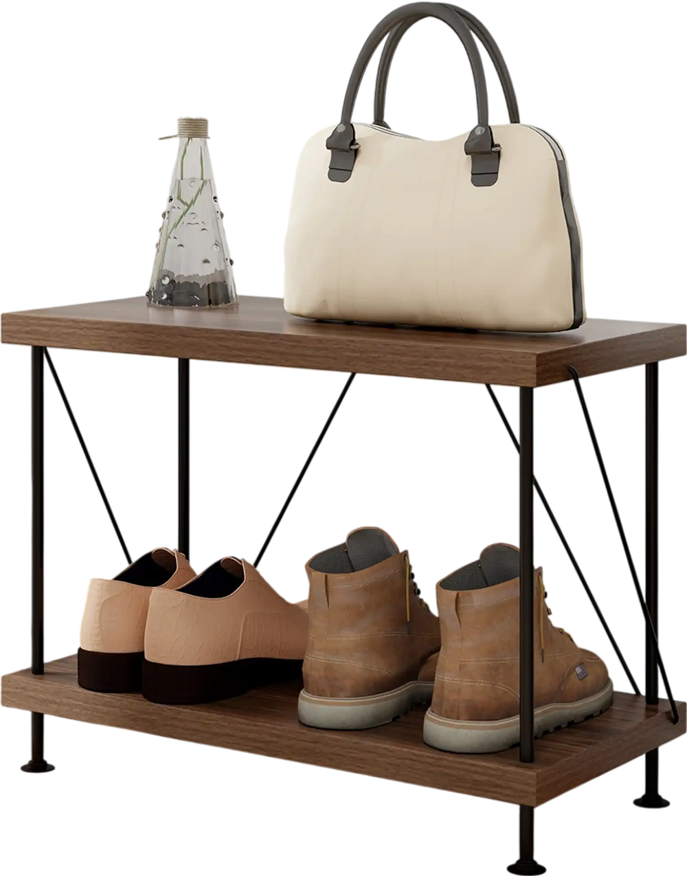 2-tier multipurpose display rack with a metal frame, featuring a vintage design, ideal for books and ornaments.