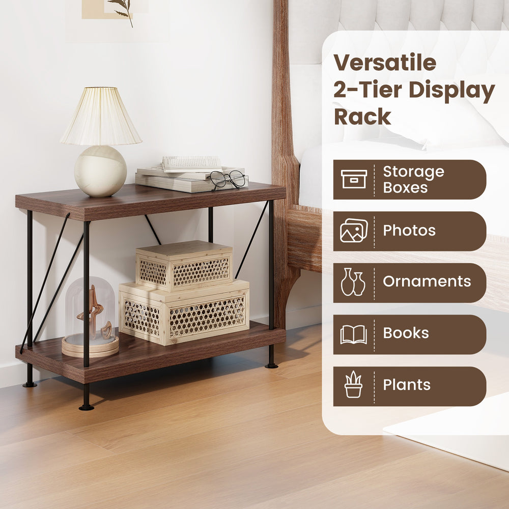 2-tier display rack with a metal frame, featuring wood shelves for books and ornaments, ideal for living room or.