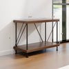 2-tier multipurpose display rack with a metal frame, featuring a vintage design and adjustable foot pads for stability.