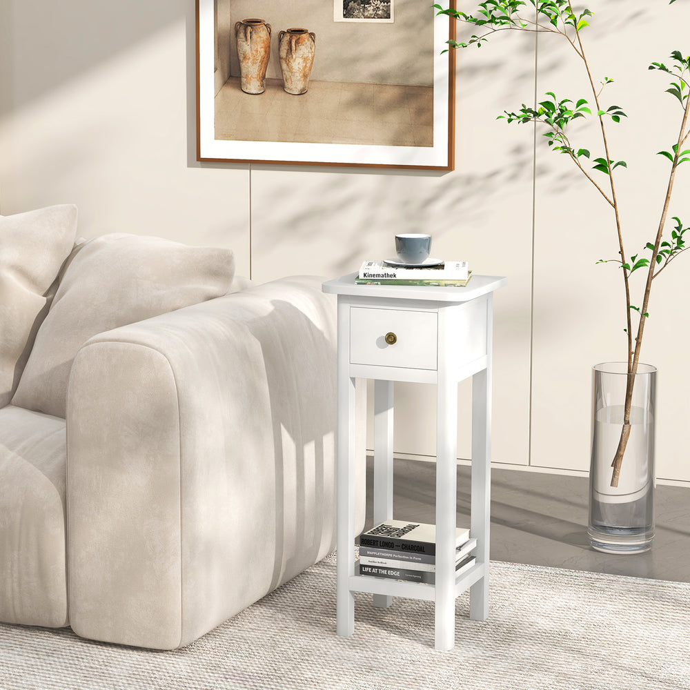 2 Tier Slim Nightstand Bedside Table with Drawer Shelf-White - Gallery View 1 of 10