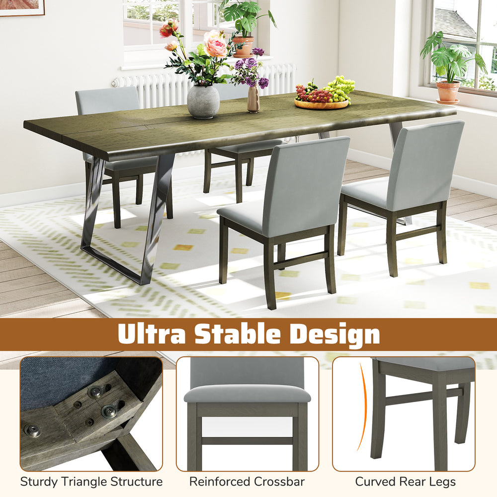 Set of 2 gray upholstered dining chairs with rubber wood legs, featuring ergonomic high backrest for comfort.