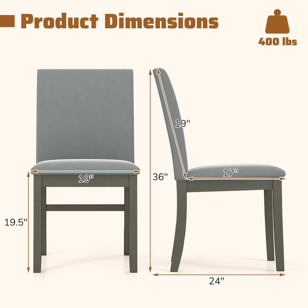 Upholstered dining chair side view with gray velvet fabric, rubber wood legs, and ergonomic high backrest for comfort.