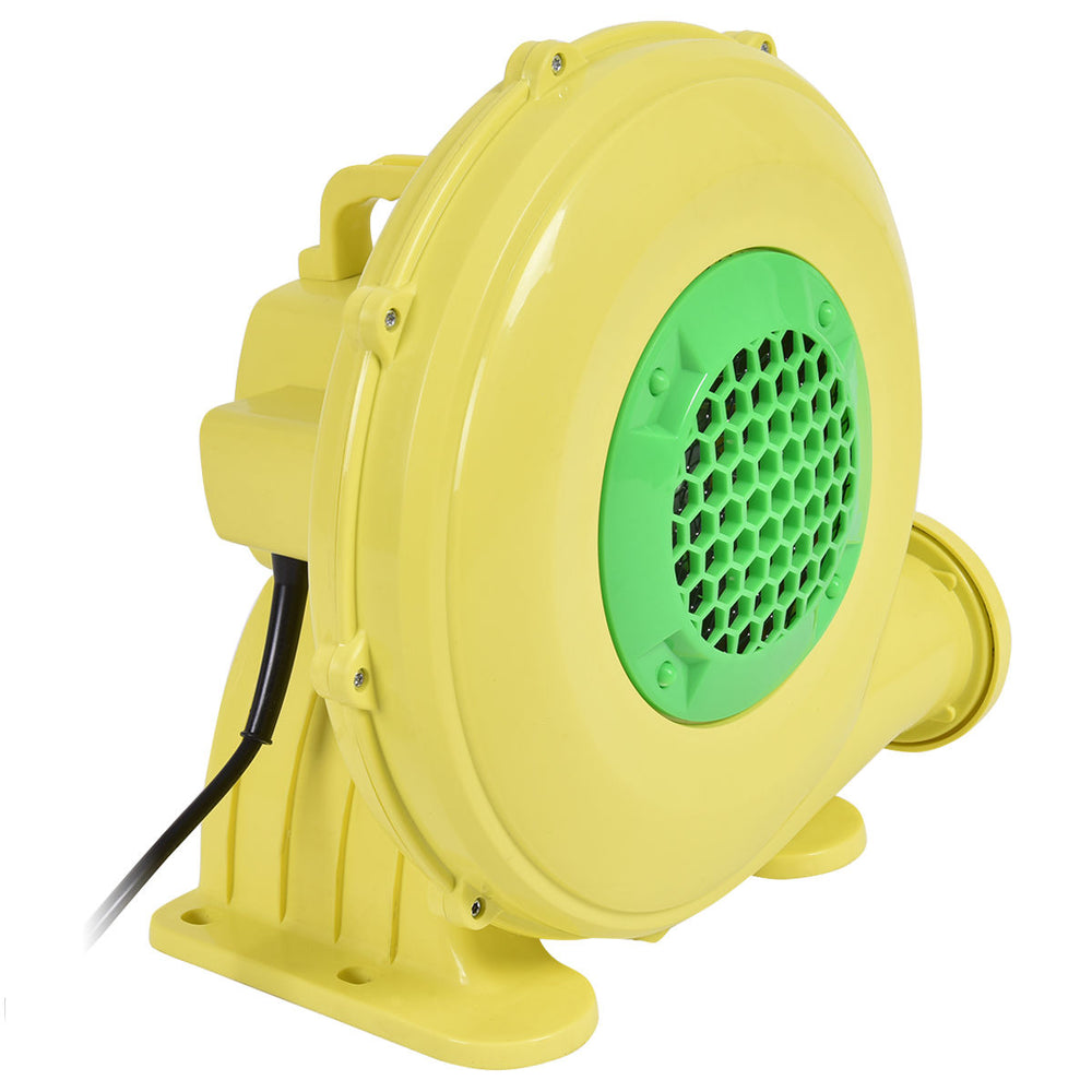Yellow 480 W air blower pump fan with green grille, ideal for inflatable bounce houses and outdoor cleaning tasks.