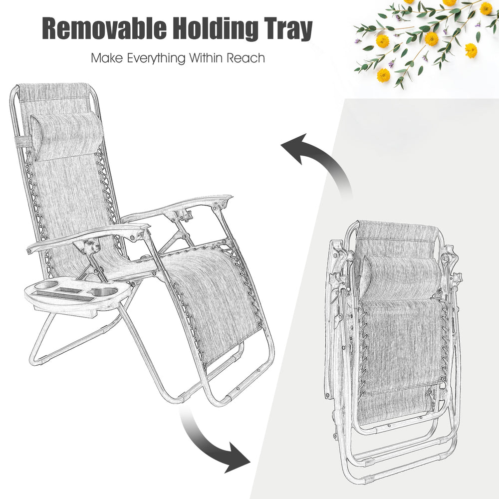 Folding lounge chair with removable holding tray in gray, featuring adjustable back and durable steel frame for outdoor.