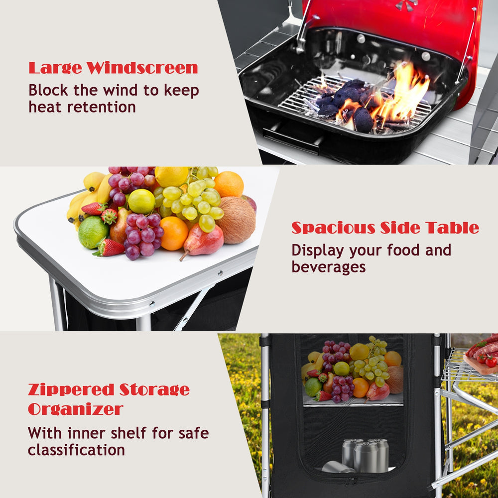 Folding camping table with large countertop, two side tables, and zippered storage organizer for outdoor cooking.