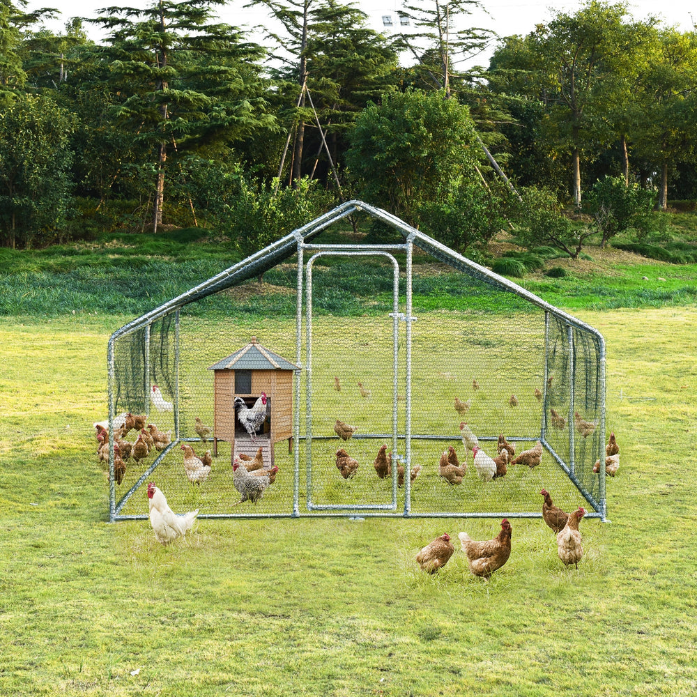 Large walk-in chicken coop with roof cover, featuring a galvanized frame and PVC coated wire mesh for outdoor safety.