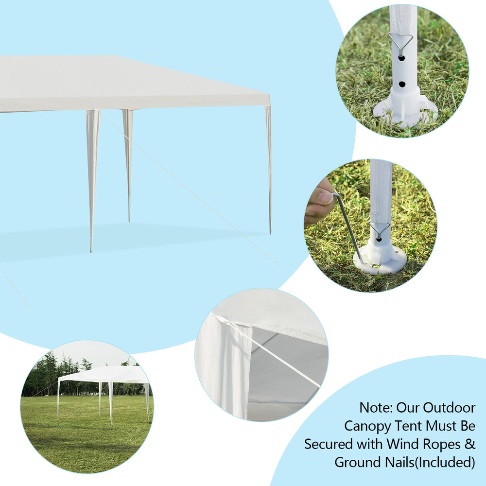 10 x 30 feet gazebo canopy tent with sturdy steel frame, secured by stakes and wind ropes for outdoor events.