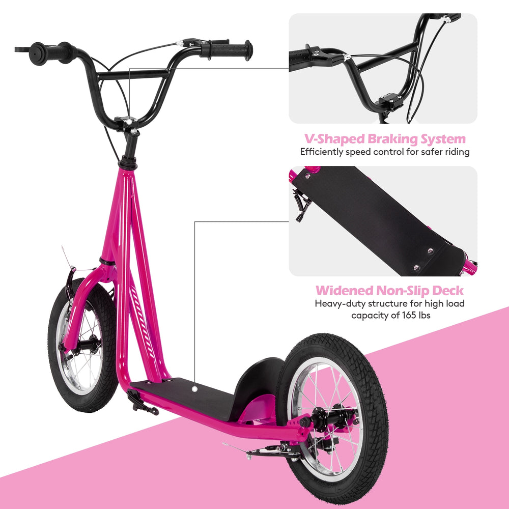 Height adjustable pink kick scooter with 12" air filled wheels and non-slip deck, suitable for kids over 8 years old.