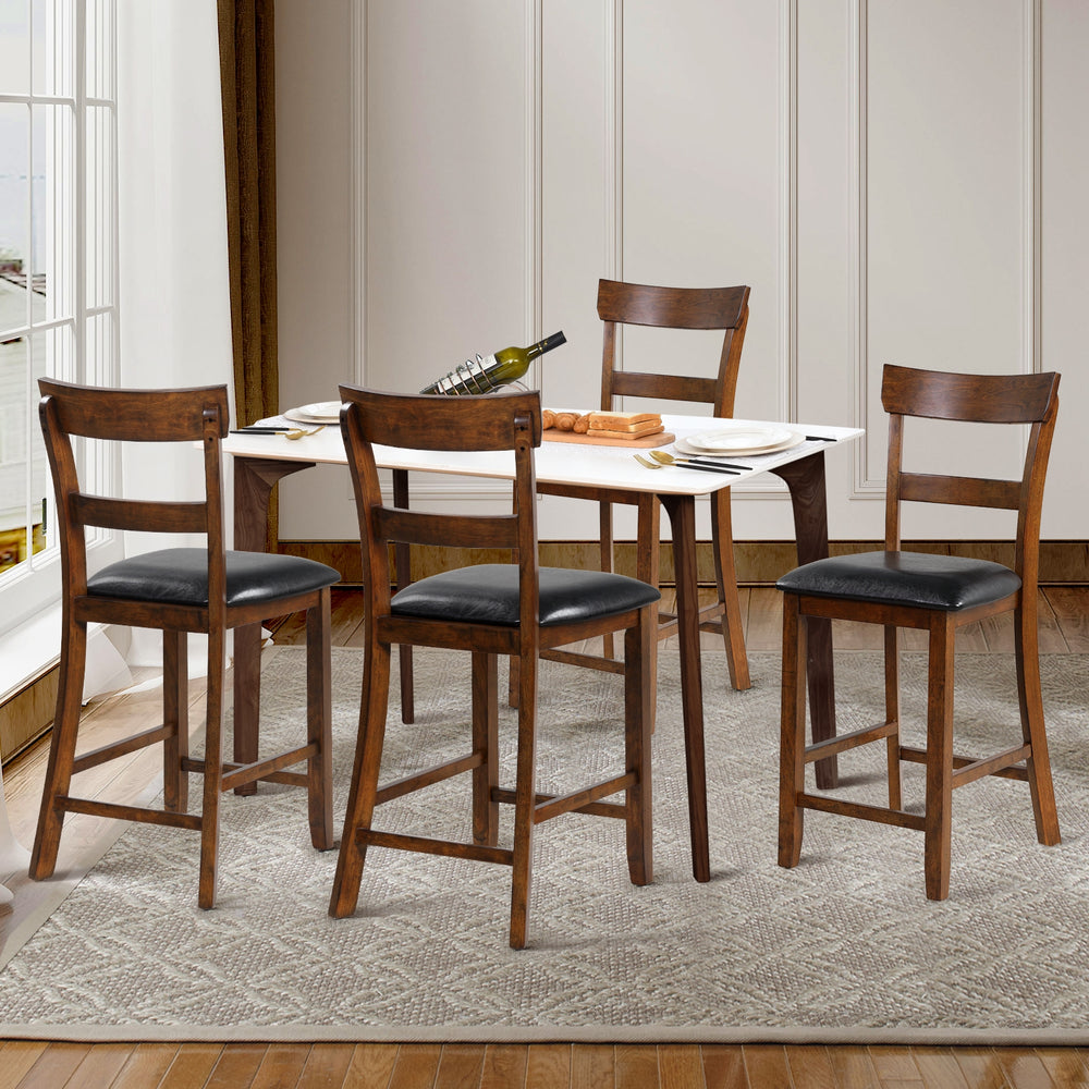 Counter height chair set featuring leather seats and rubber wood legs, designed for comfort and vintage style.