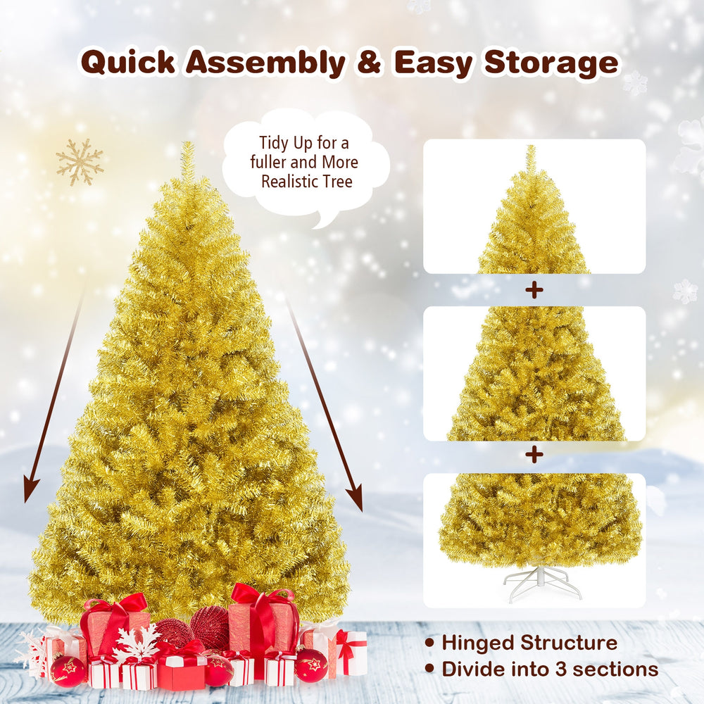 Champagne gold 6 ft artificial tinsel Christmas tree with hinged design for easy assembly and storage, perfect for.