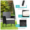 Black patio wicker chair with cozy seat cushion, featuring a sturdy steel frame and anti-slip footpads for outdoor use.