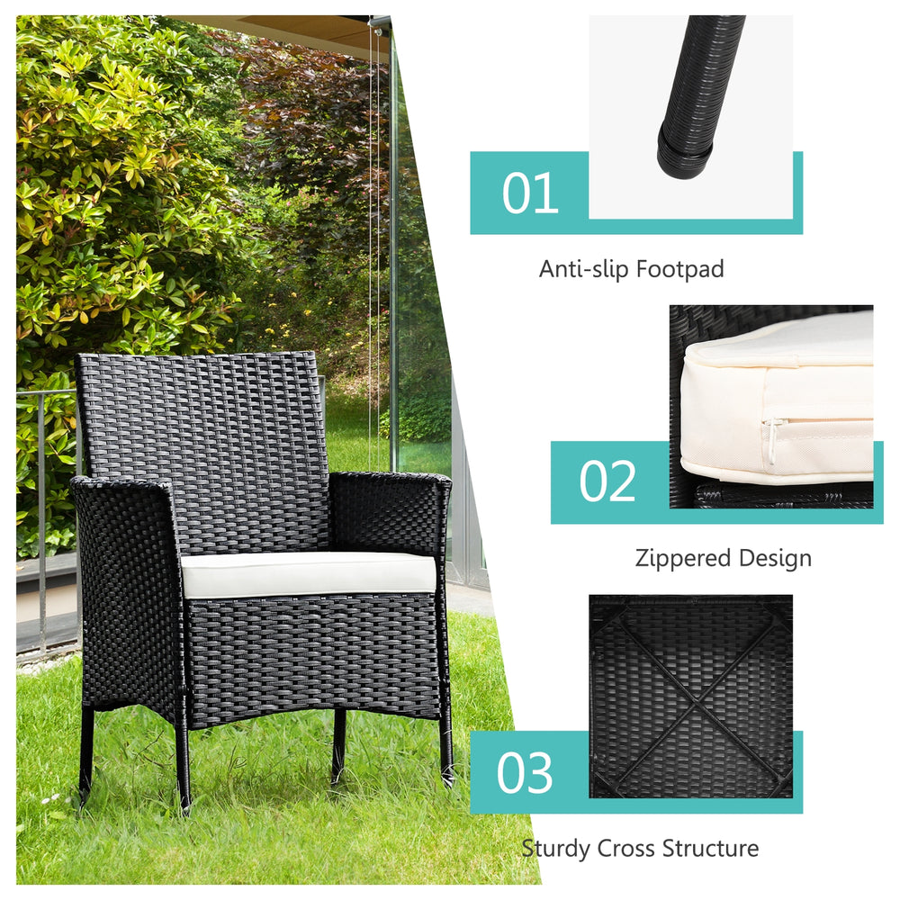 Black patio wicker chair with cozy seat cushion, featuring a sturdy steel frame and anti-slip footpads for outdoor use.