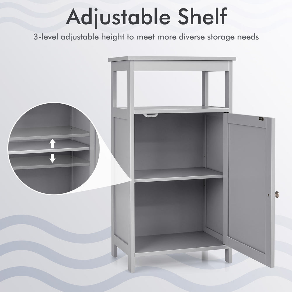 Gray bathroom wooden floor cabinet featuring a 3-level adjustable shelf for versatile storage solutions.