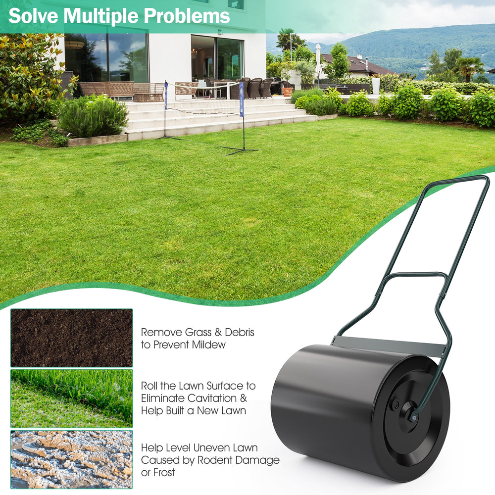 Lawn roller with U-shaped handle, 16-gallon capacity, ideal for flattening uneven ground in gardens and backyards.
