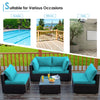 5-piece cushioned patio rattan furniture set in turquoise with a glass table, ideal for poolside or balcony use.
