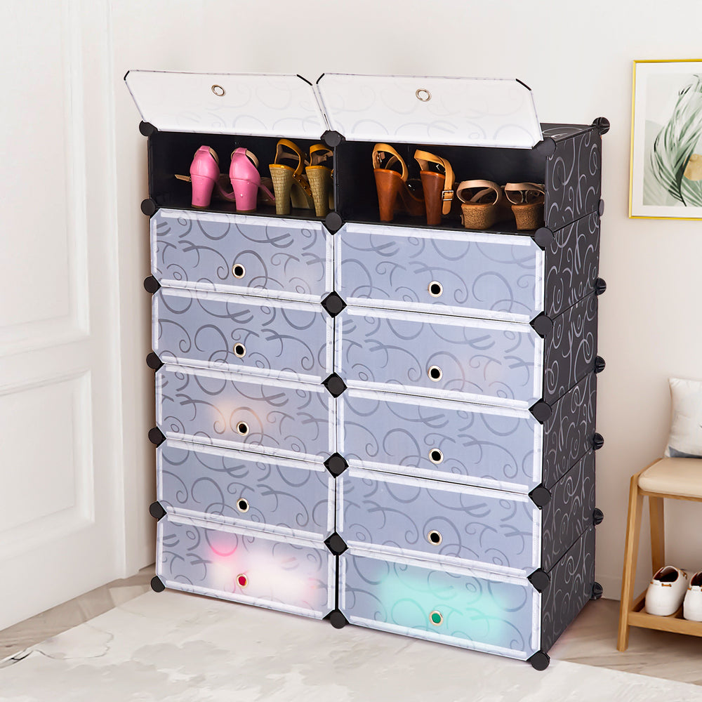 12-cube portable plastic shoe rack in black with transparent doors, ideal for organizing shoes and accessories at home.