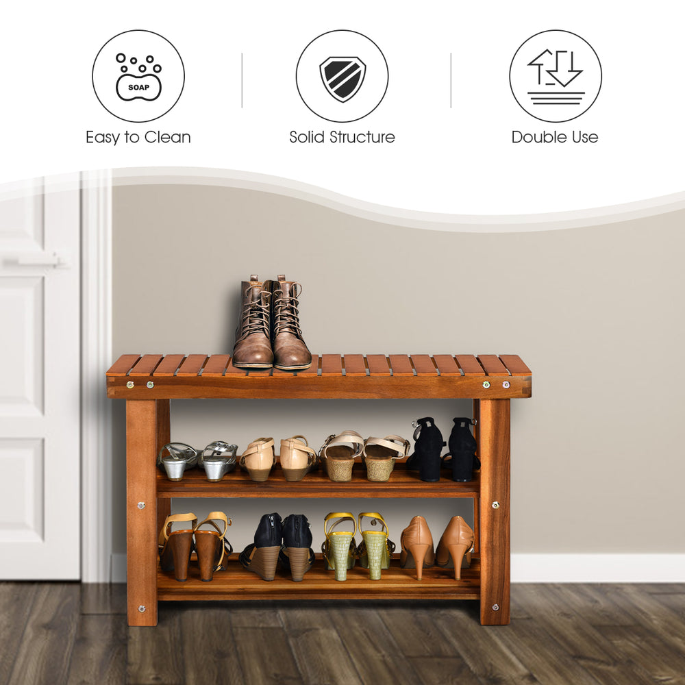 Freestanding wood bench with three-tier storage shelves, made of acacia wood, ideal for entryway or living room use.