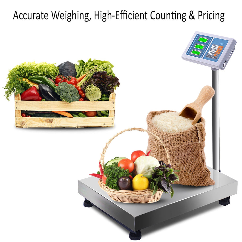 Digital floor platform scale with stainless steel platform, ideal for weighing up to 660 lbs in various settings.