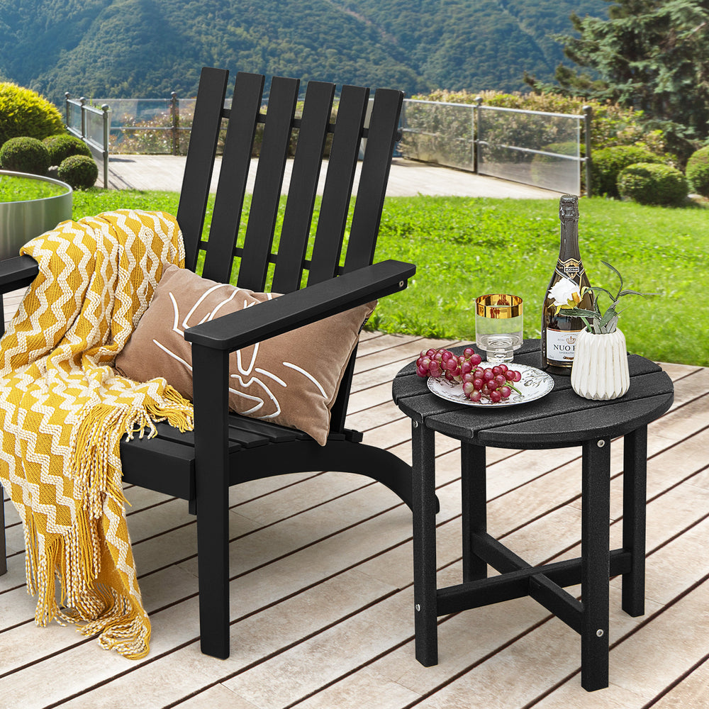 Black 18-inch round weather-resistant Adirondack side table with slatted top, perfect for outdoor use and easy.