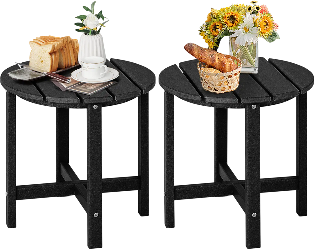 Set of 2 black 18-inch round weather-resistant Adirondack side tables with slatted tops, perfect for outdoor use.