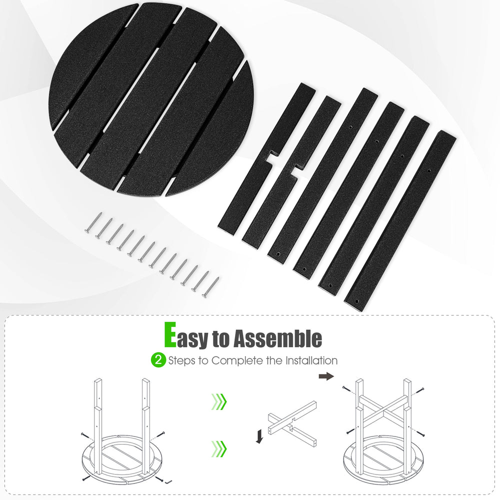 Round black slatted tabletop and assembly parts for 18-inch weather-resistant Adirondack side tables, easy to install.