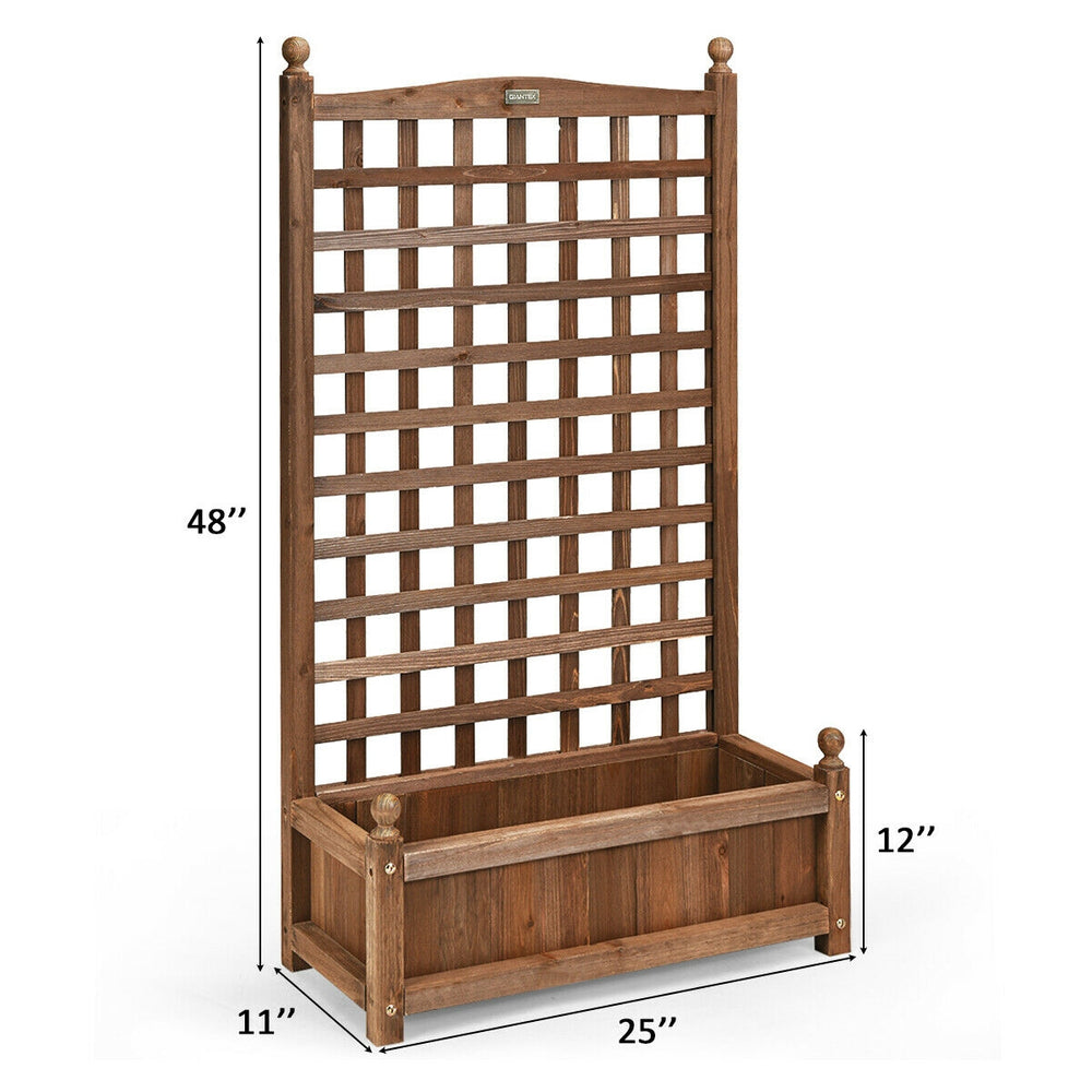 Free standing solid wood planter box with trellis, 48” tall, ideal for climbing plants in garden or patio.