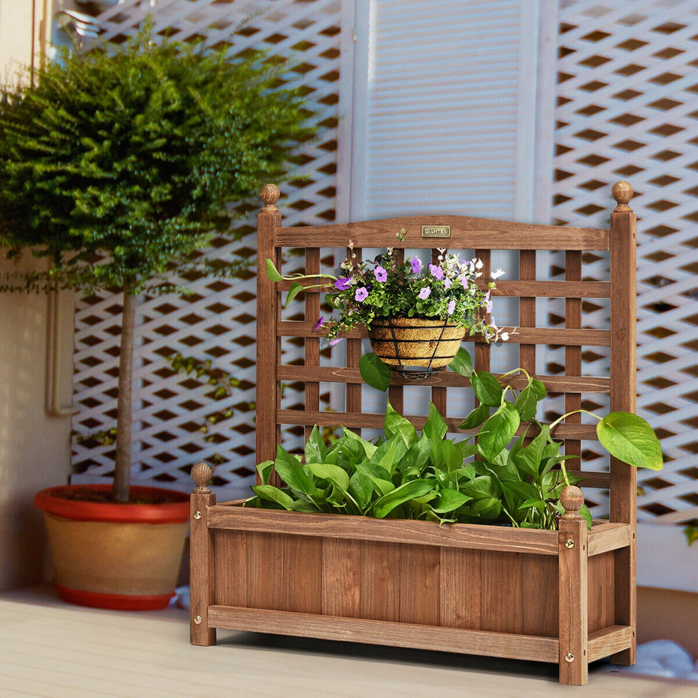 Wood planter box with trellis, made of solid wood, designed for outdoor use, perfect for balcony or garden planting.