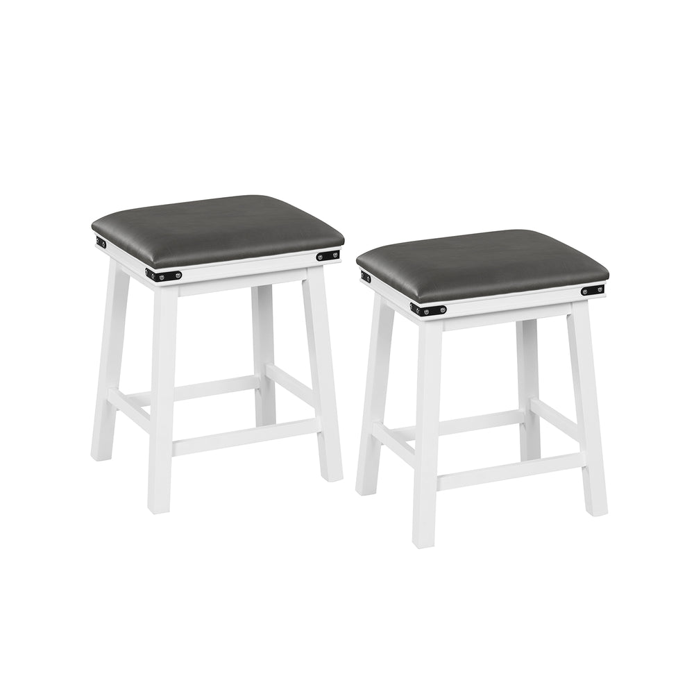 Set of 2 dining bar stools with acacia wood frame, sponge padded seats, and decorative rivets for kitchen or dining.