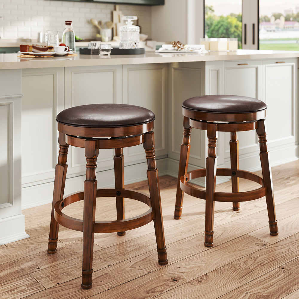 Set of 2 24-Inch Swivel Leather Padded Bar Dining Stools - Gallery View 1 of 9