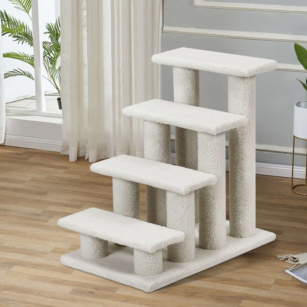 4-step carpeted cat stairs in beige with scratching posts, providing stability and comfort for pets to reach high.