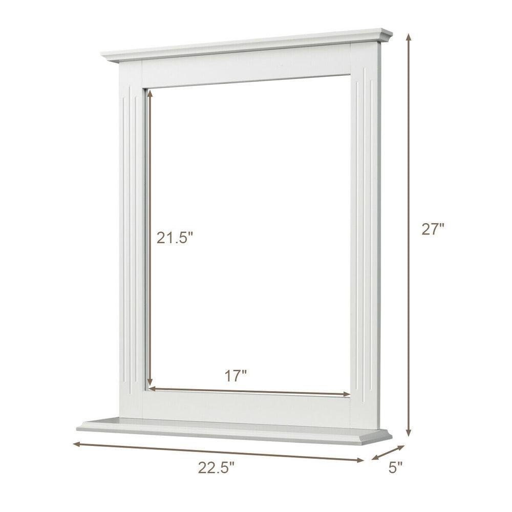 Wall-mounted white vanity mirror with shelf, 27"x22.5", made of MDF, ideal for hallway, bathroom, or living room decor.