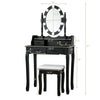 Black makeup dressing table with lighted mirror, cushioned stool, and ample storage for cosmetics in elegant design.