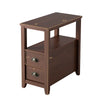 Compact brown end table with two drawers and shelf, featuring rustic metal handles, ideal for bedroom or living room.