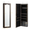 Brown wall-mounted jewelry armoire with full-length mirror, 5 LED lights, and organized storage compartments for.