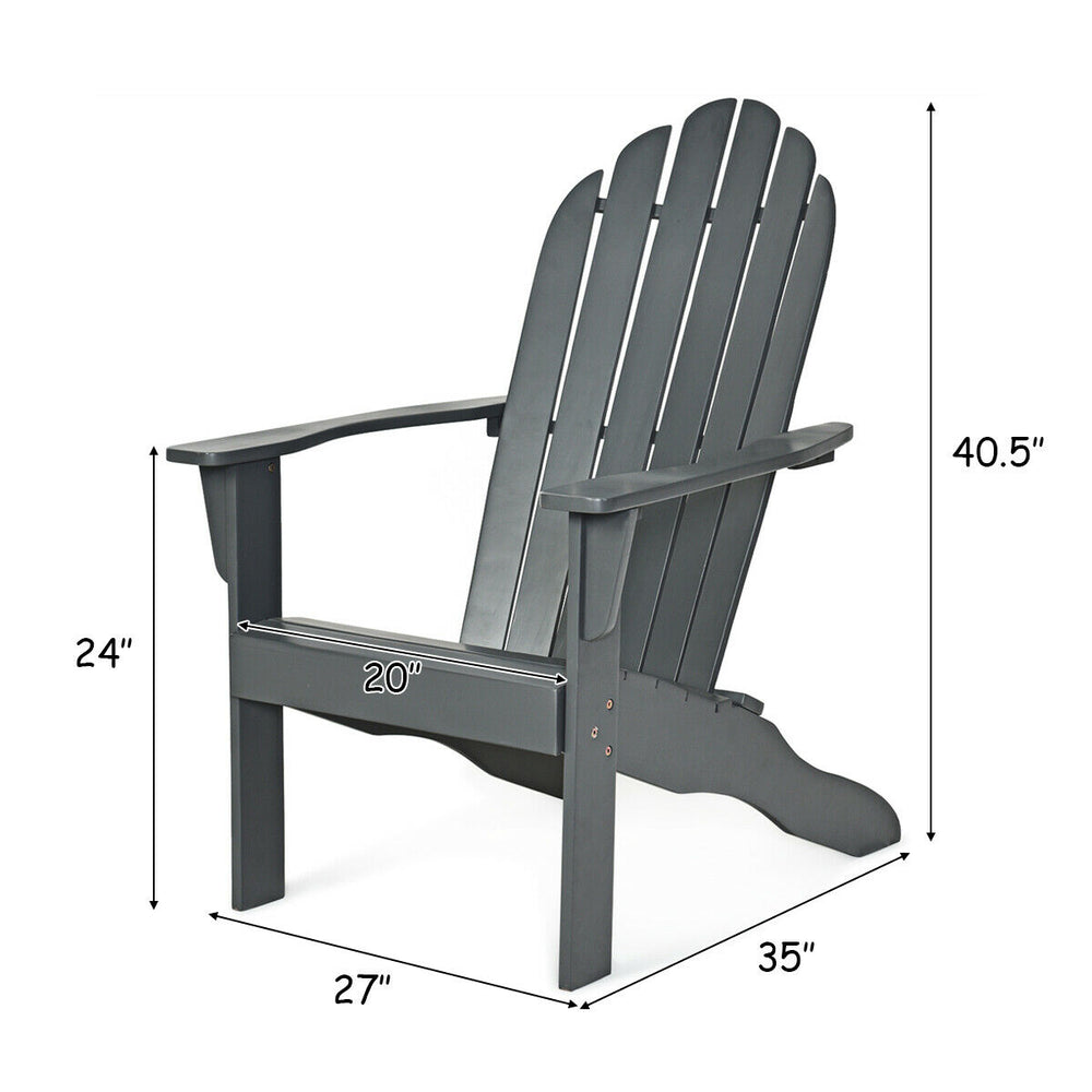 Gray acacia wood Adirondack chair with ergonomic design, featuring wide armrests and backrest, perfect for outdoor.
