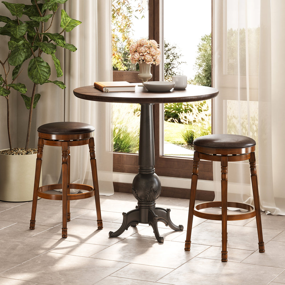 Set of 2 29-inch swivel leather padded dining bar stools in walnut color, perfect for kitchen or pub use.