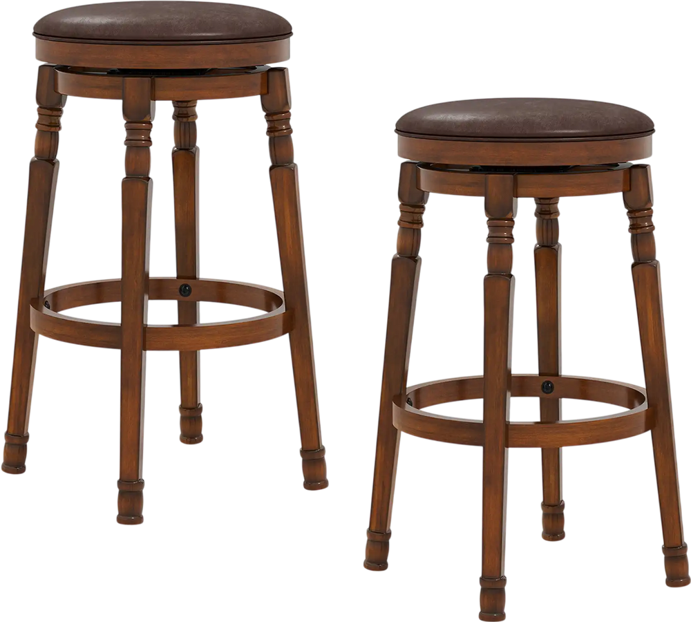 Set of 2 29-inch swivel bar stools with leather padding and walnut finish, perfect for kitchens and pubs.