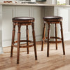 Set of 2 29-inch swivel bar stools with leather padding and walnut finish, perfect for kitchen or pub use.