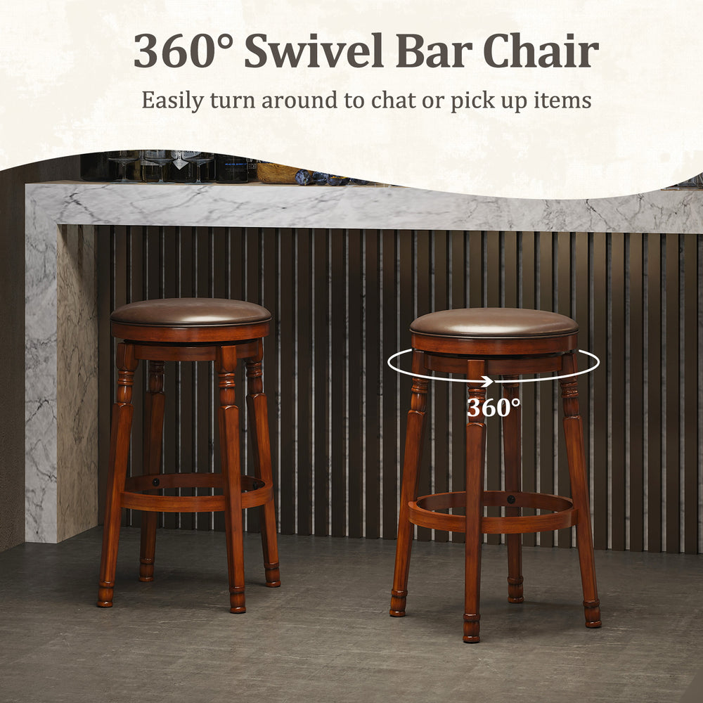 Set of 2 29-inch swivel bar stools in classic walnut color, featuring PU leather padding and a sturdy rubberwood base.