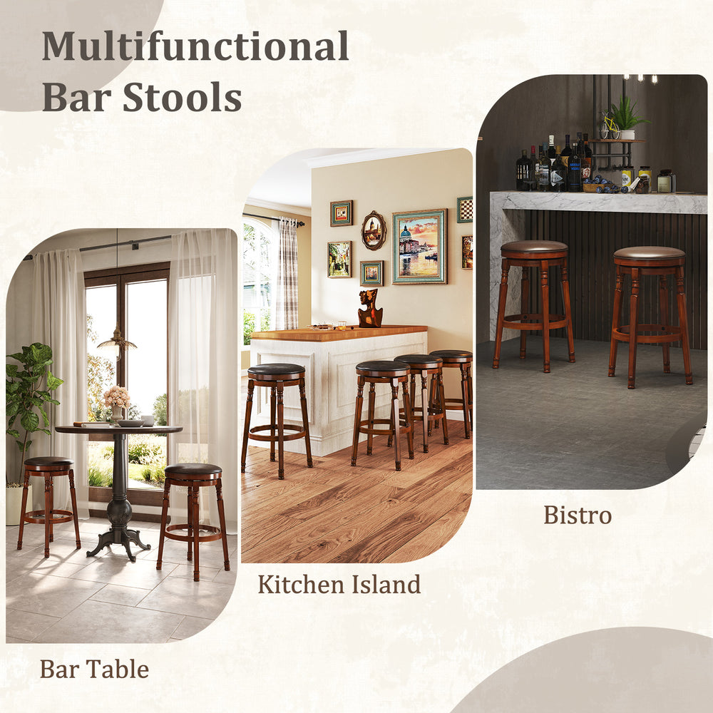Set of 2 29-inch swivel bar stools in classic walnut color, featuring PU leather padding and sturdy rubberwood.