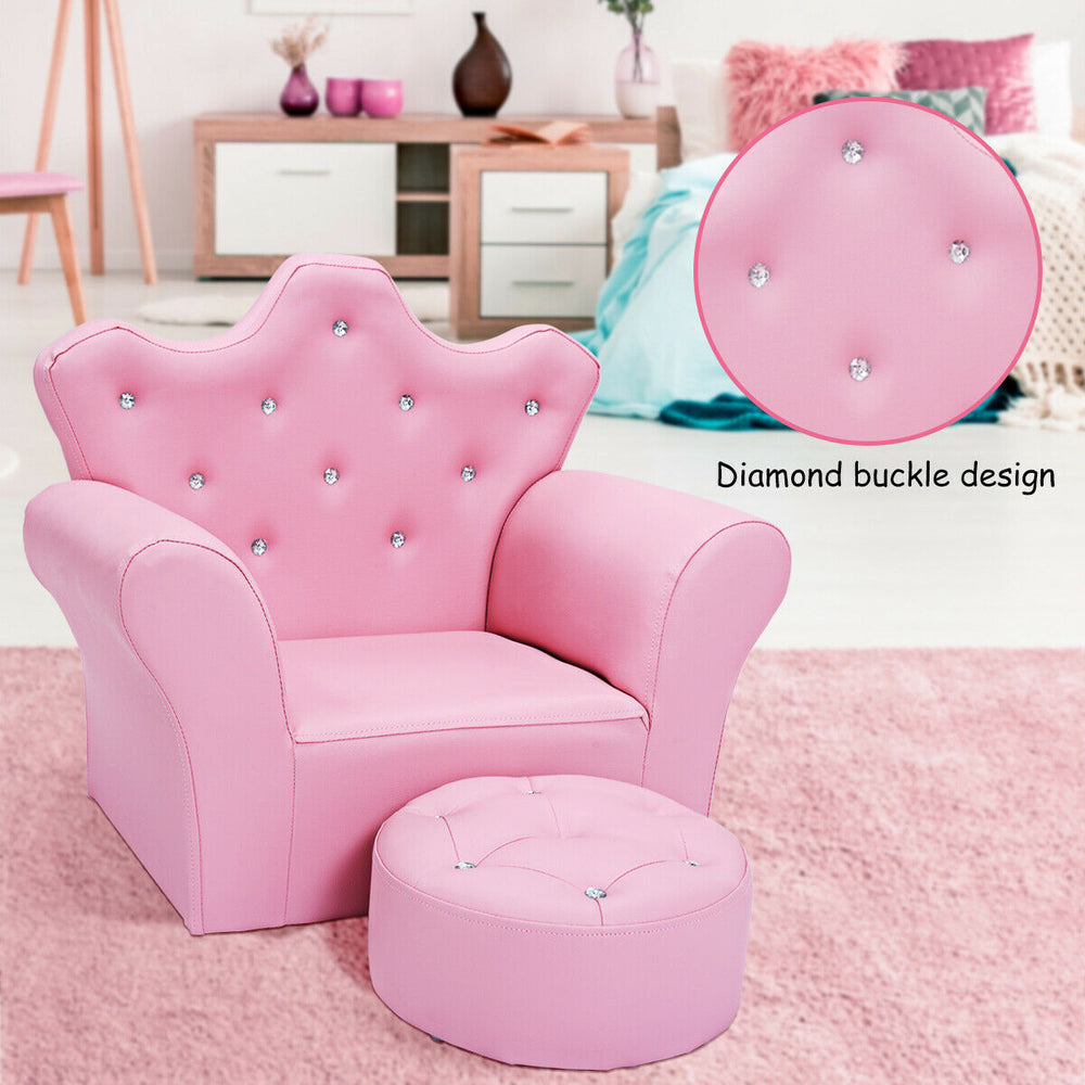 Pink kids sofa with diamond buckle design and matching ottoman, perfect for reading or watching TV in a playroom.
