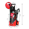Electric high pressure washer in red with 3000 PSI, five nozzles, and hose reel for versatile outdoor cleaning tasks.