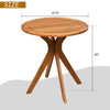 Round solid wood coffee side bistro table with X-shaped legs, varnished for waterproofing, perfect for outdoor use.