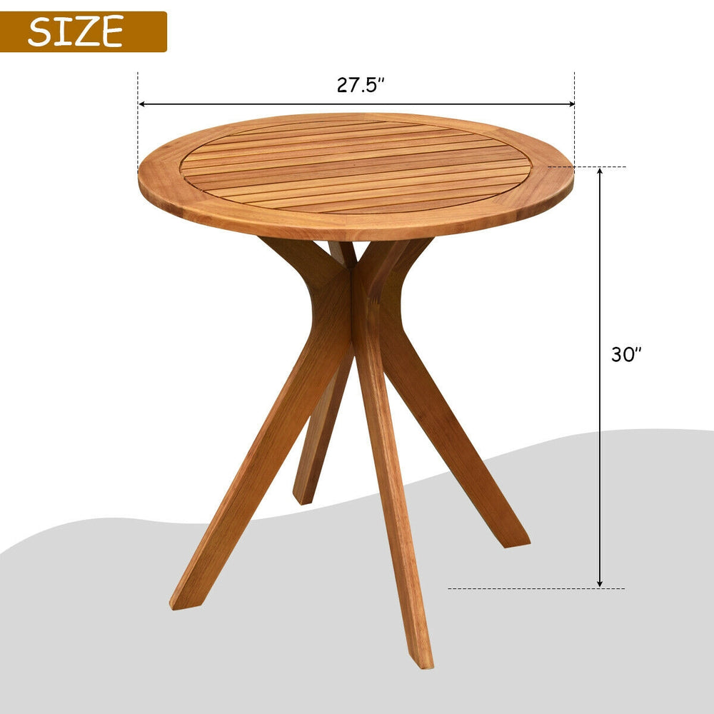 Round solid wood coffee side bistro table with X-shaped legs, varnished for waterproofing, perfect for outdoor use.