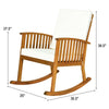 Acacia wood rocking chair with detachable washable cushions, featuring a rustic teak color, ideal for patio or garden.