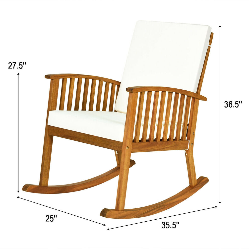 Acacia wood rocking chair with detachable washable cushions, featuring a rustic teak color, ideal for patio or garden.