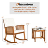 Acacia wood patio rocking chair and side table set with thick cushions, perfect for outdoor relaxation and tea time.
